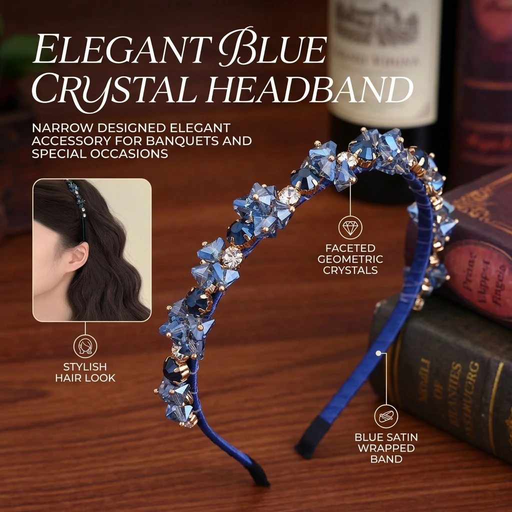 Fashion Blue Rhinestone Hairbands French Style Elegant Headband Narrow Edge Temperament Head Hoop Bride Wedding Hair Accessories