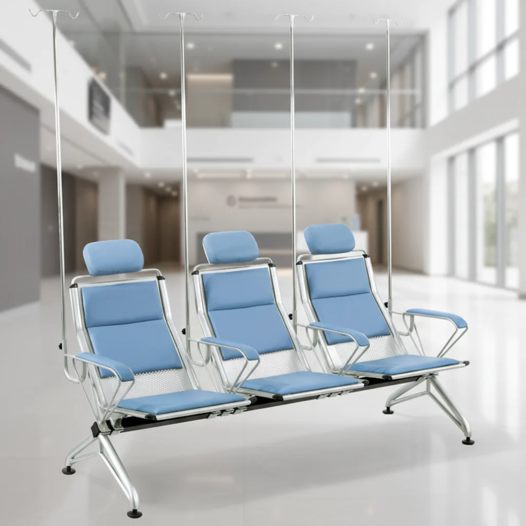 Medical Waiting Room Three-Person Seating With IV Support Poles