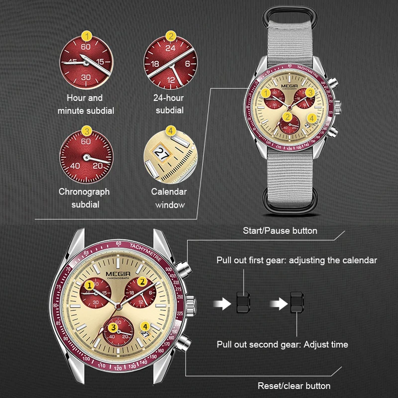 MEGIR Quartz Chronograph Watches Men Waterproof Sport Wristwatch Men's with Fashion Nylon Strap Luminous Pointers Date Male Gift