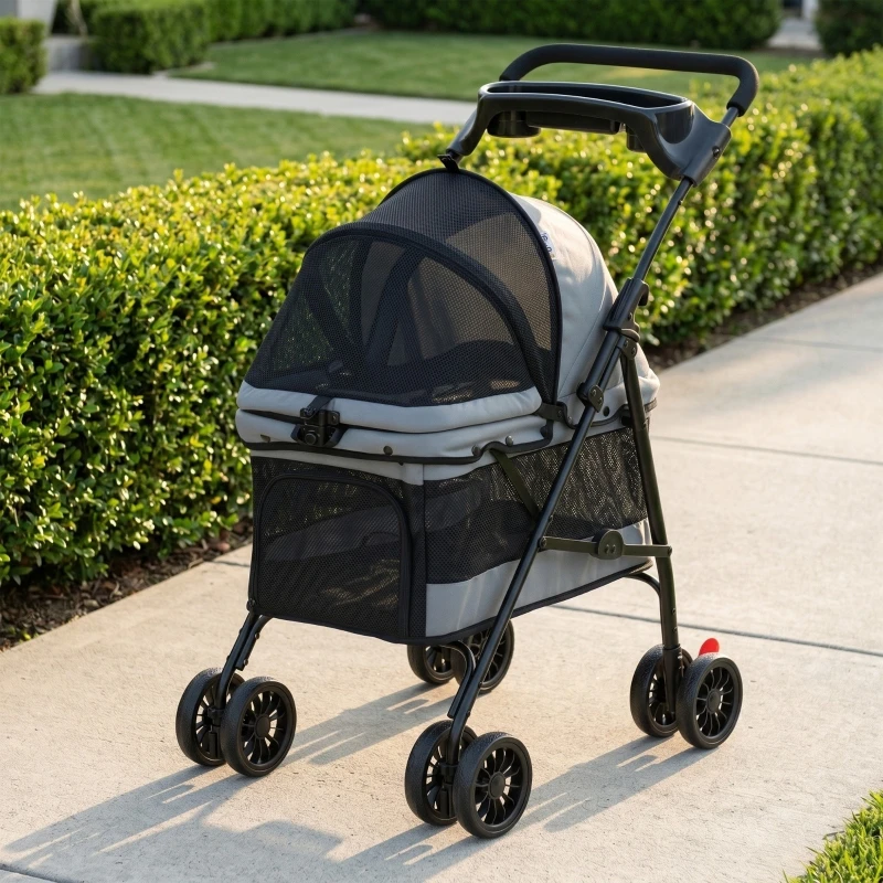Poussette pliable pour petits chiens jusqu'à 10 kg, poussette légère pour chien avec fenêtres en maille, 360° °   Roulettes pivotantes, coussin amovible, poche de rangement et porte-gobelet, gris