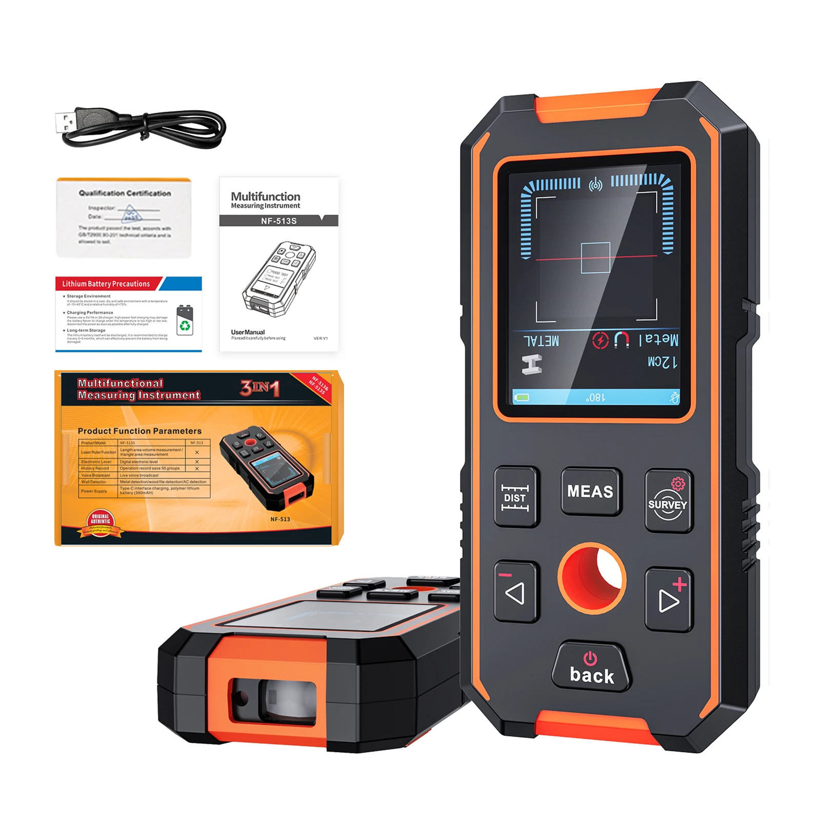 

Wall Scanner with Distance Meter and Digital Level Rechargeable Stud Finder Wood Metal Live Wires Modes 12 Measurement Modes