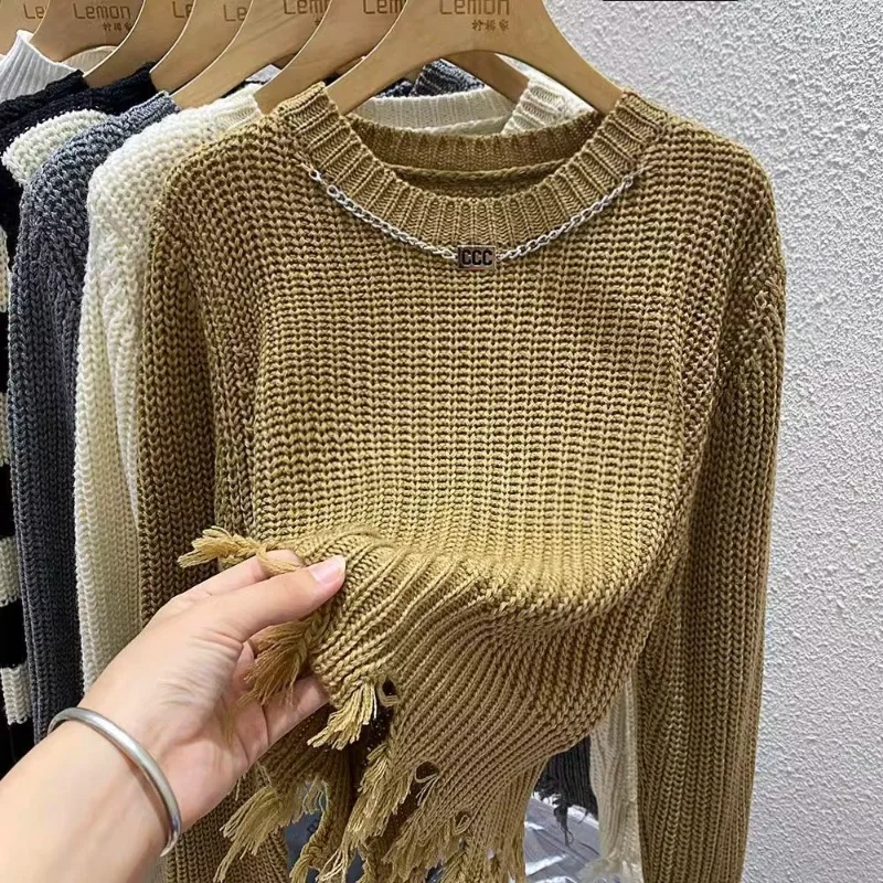 Round Neck Chain Tassel Burrs Ripped Top for Women Autumn Winter New Short High Waist Knitted Sweater