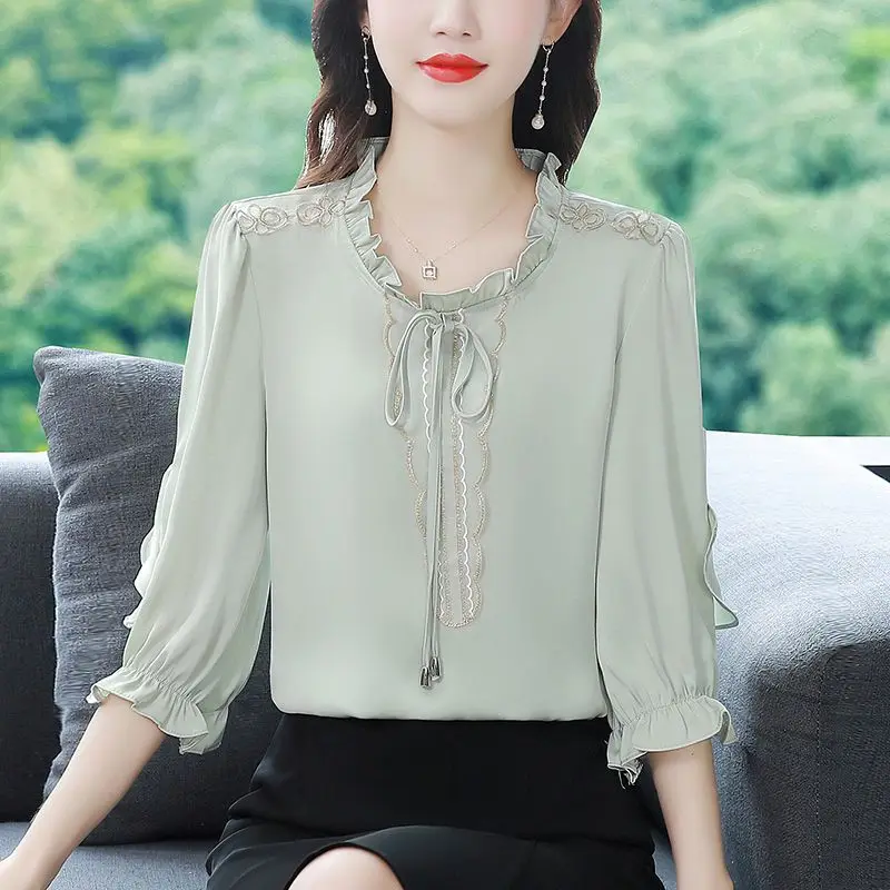 

Fashion Ruffled Neck Lace Up Embroidery Satin Blouses Women Clothing 2024 Summer New Loose Elegant Tops Butterfly Sleeve Shirts