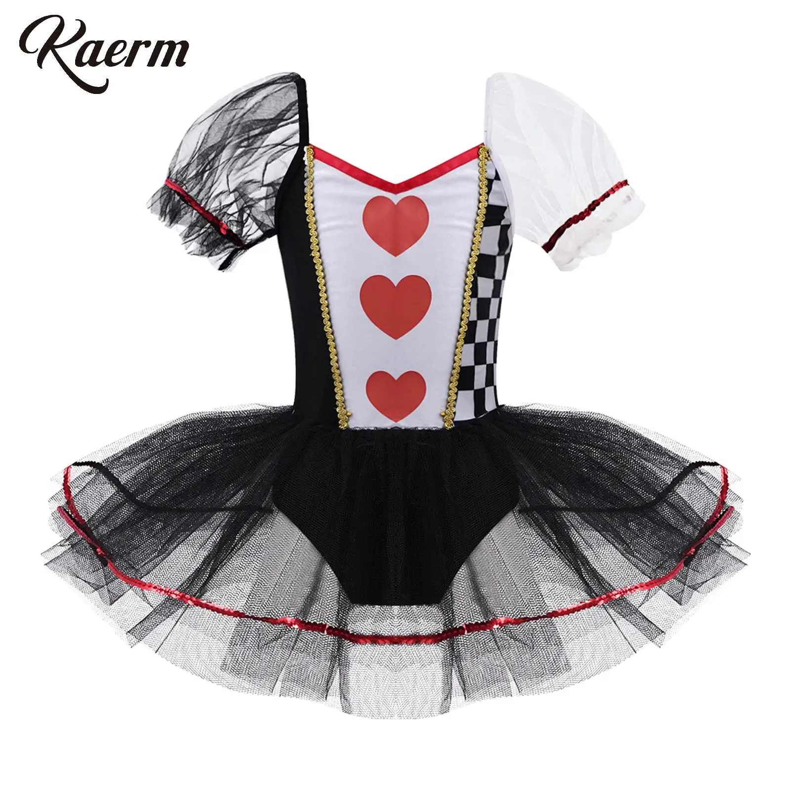 Kids Girl Halloween Costume Short Puff Sleeve Hearts Checkerboard Print Mesh Patchwork Jumpsuit Dress Cosplay Performance Wear