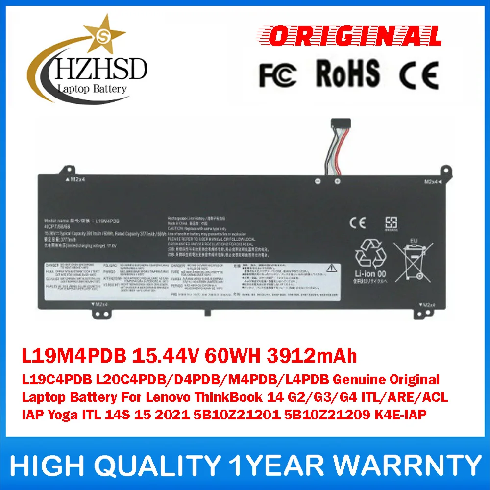 L19M4PDB 15.44V 60WH 3912mAh L19C4PDB L20C4PDB/D4PDB/M4PDB/L4PDB Genuine Original Laptop Battery For Lenovo ThinkBook14 G2/G3/G4