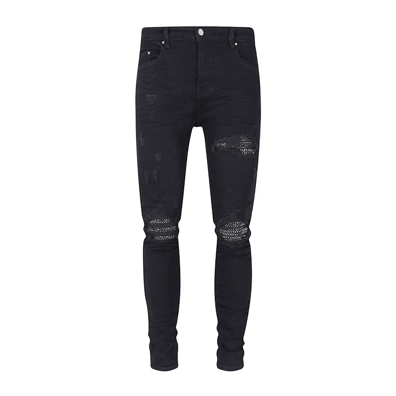 High Street Fashion Men Jeans Black Stretch Skinny Fit Ripped Jeans Men Beading Patched Brand Designer Hip Hop Denim Pants Homme