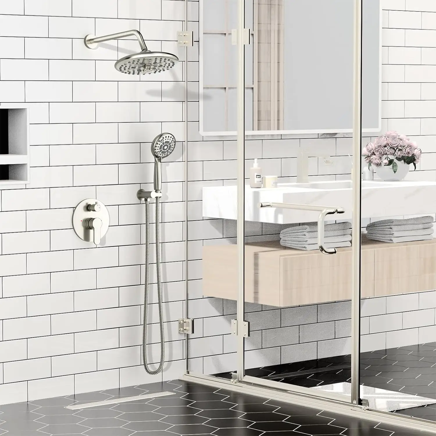 

Multifunctional High-Pressure Bath Shower Faucet System Brass Handheld Fixtures Jet Spray Brushed Nickel Finish Includes Valve