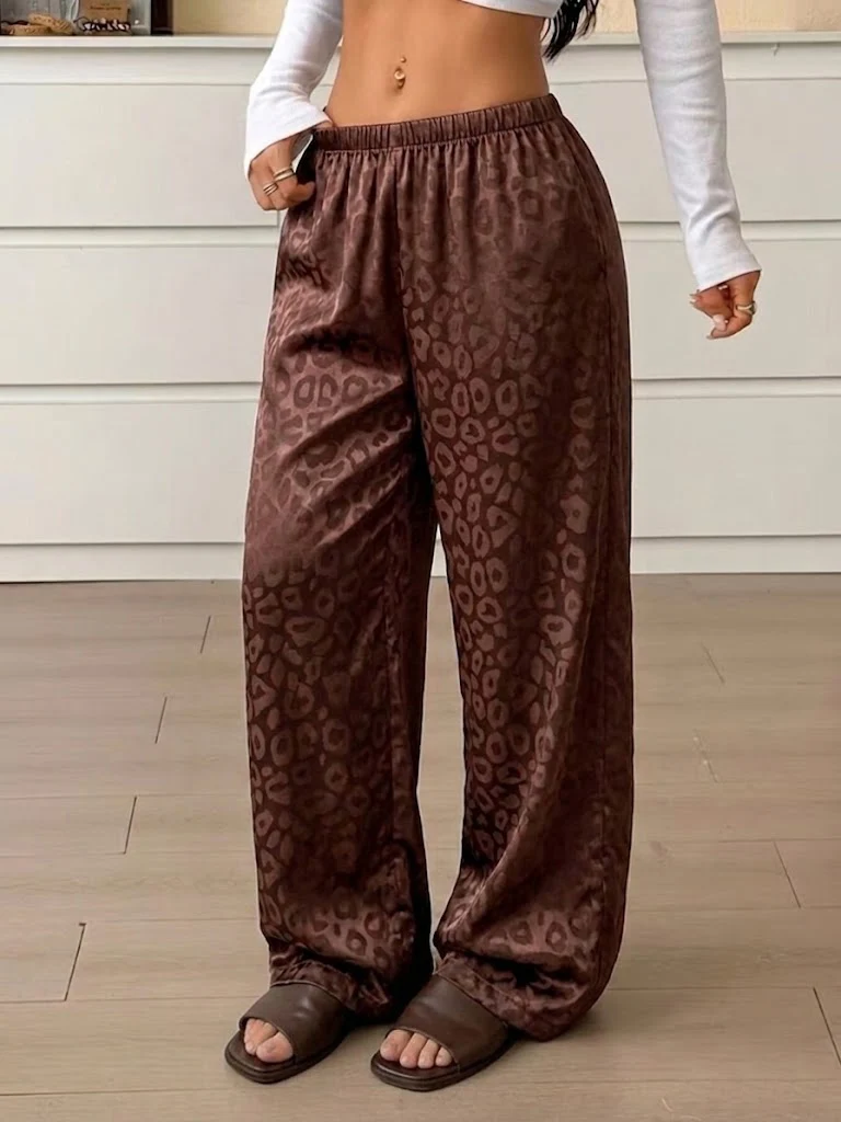 2026 Women Brown Satin Leopard Print Pajamas Pants Elastic Waist Loose Trousers Vintage Casual Pants Leisure Home Clothing