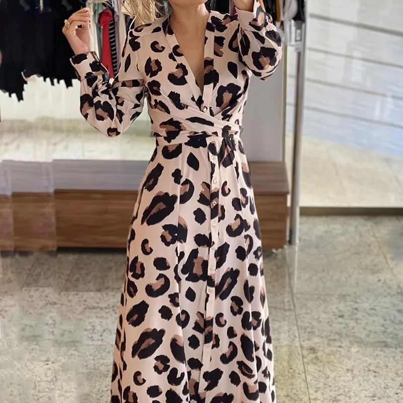 2024 Spring Summer New Women's Clothing Leopard Print V-neck Printed Long-Sleeved Dress-No Positioning Printing