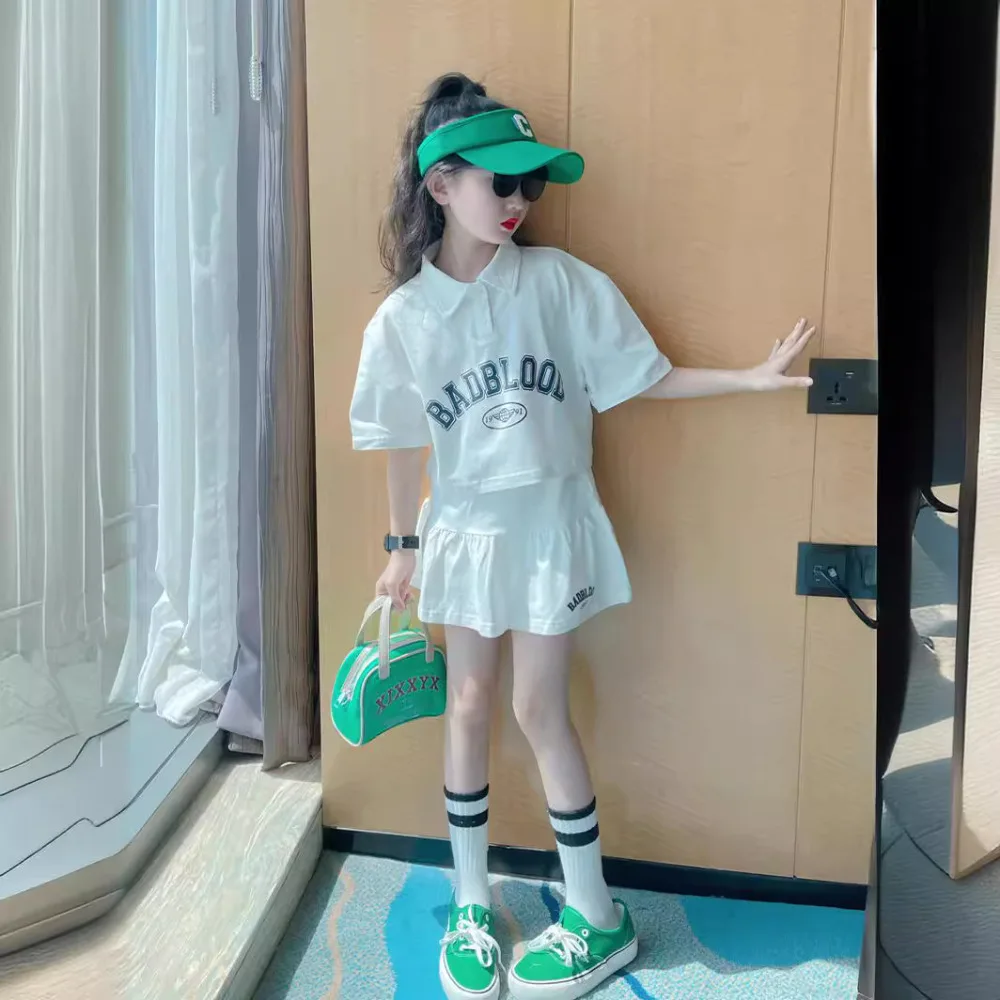 Summer Children Girls Clothes Set Teenage Lapel T-shirts and Short Skirts 2pcs Suit Fashion Tennis Letter Top Bottom Outfits