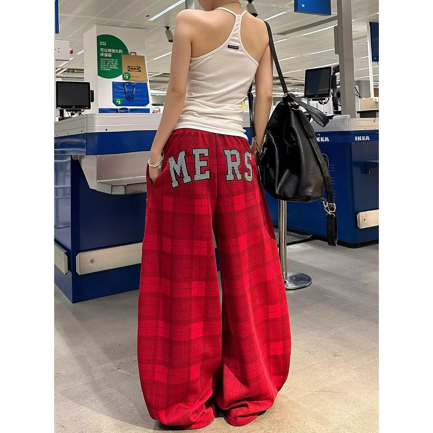 American New Red Plaid Oversized Casual Trousers Women High Street Fashion Clothing Harajuku Y2K Fashion Straight Wide-leg Pants