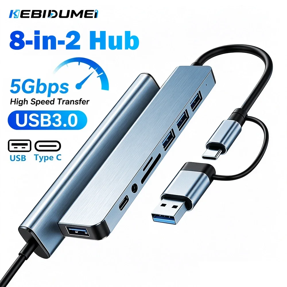 KEBIDUMEI 8 in 2 USB 3.0 Hubs 5Gbps High Speed Type C to USB3.0 USB2.0 SD TF 3.5mm PD Adapter Docking Stations For PC Laptop