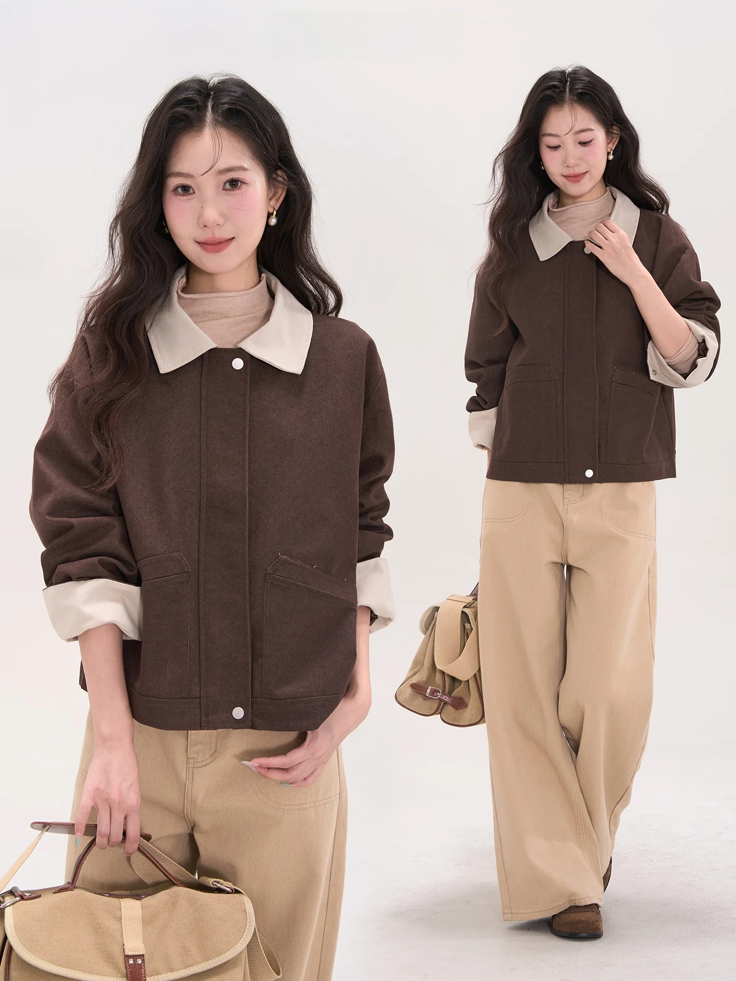 

Heme Island Memory Vintage Color Blo Zipper Casual Collar Jaet Ele Leisure Top for Women Cotton Polyester Blend