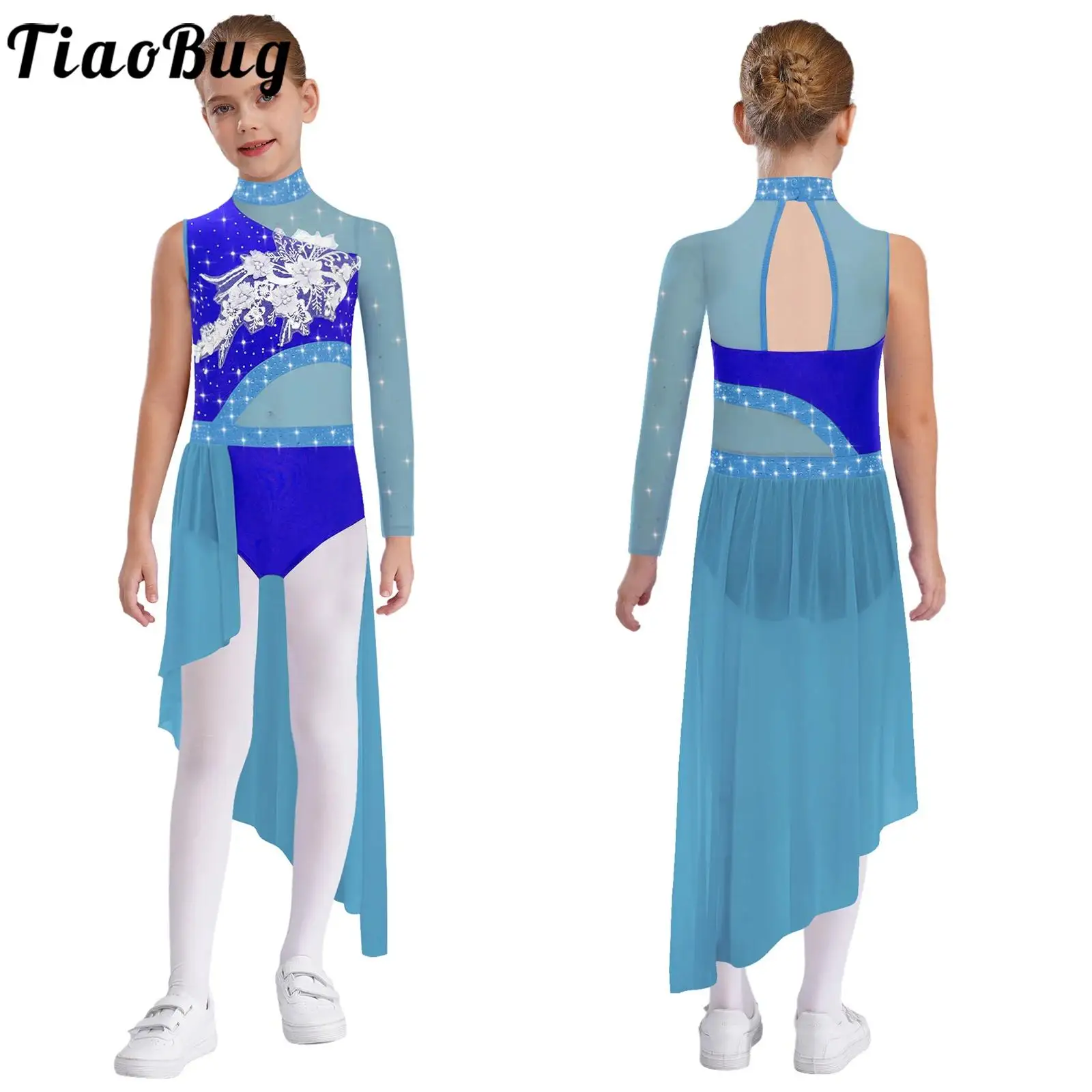 

Ballet Girls Figure Skating Dance Dress Modern Lyrical Dance Costume Mesh One Sleeve Patchwork Flower Applique Overlay Dresses