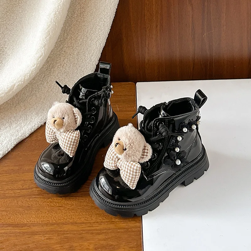 

Детские ботильоны принцессы с круглым носком и милыми медведями, детские кожаные ботинки на мягкой подошве, осень-зима 2022, повседневные короткие ботинки для девочек