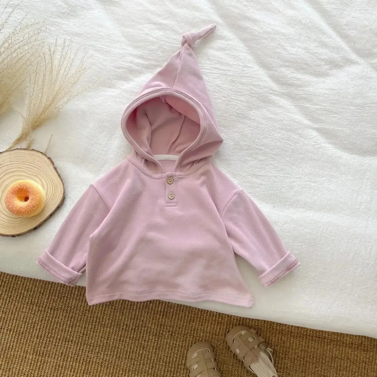 Children's hoodie Spring and Autumn boys and girls wizard hat striped long sleeved top cute solid color hooded T-shirt