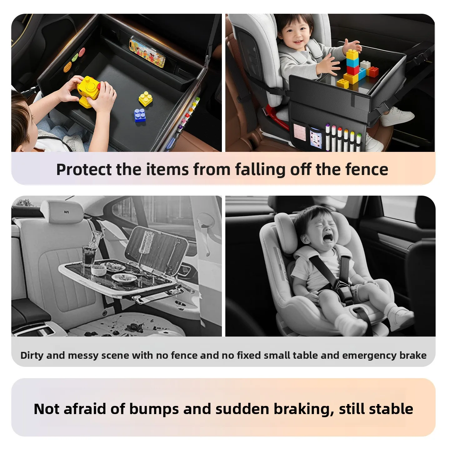 Car Seat Table for Kids Waterproof Foldable Leather Back Seat Dining Tray Organizer Anti-Slip Baby Car Table for Road Trip