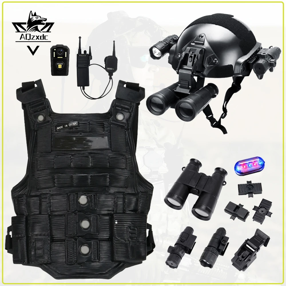 Children's Tactical Helmet Set Airsoft Molle Vest Equipment with Walkie-Talkie Recorder Vest Outdoor CS Game Cosplay Costumes