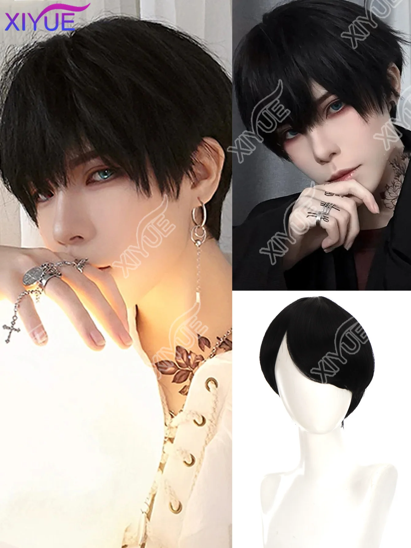 XY قصيرة الاصطناعية الرجال شعر مستعار تنفس البني الرجال الصبي قصير مستقيم تأثيري الرجال حفلة سوداء مقاومة للحرارة شعر مستعار اصطناعي #1