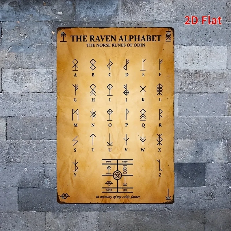 Norse Mythology Raven Alphabet Odin Runes Waterproof Metal Wall Art -  Printed Iron Sign with 24 Rune Symbols & Memorial Inscrip
