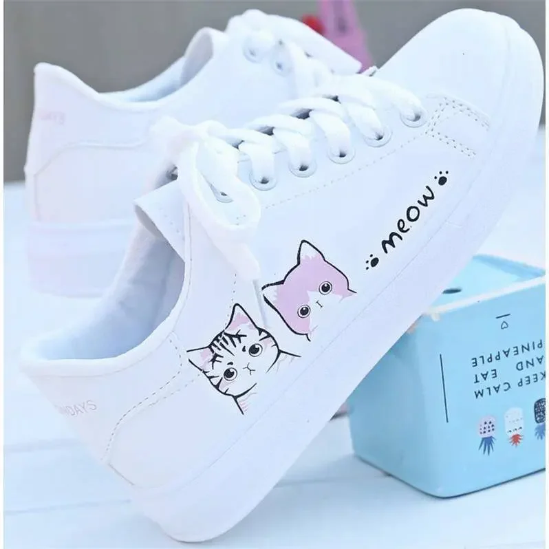 Scarpe modello gatto per donna Sneakers bianche da donna in cartone animato Scarpe vulcanizzate in PU Scarpe da ginnastica femminili di design