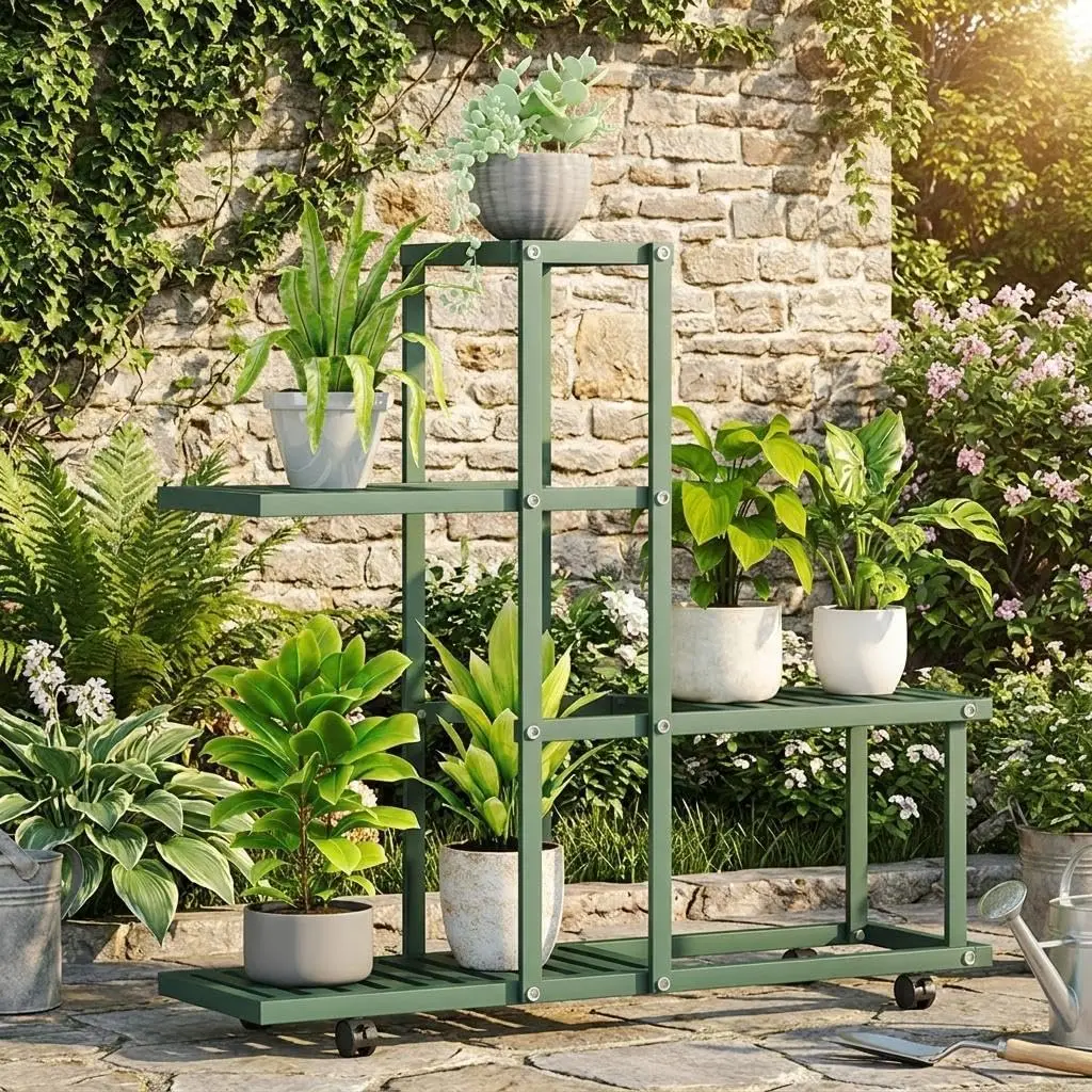 Support à fleurs en métal avec roulettes et frein, support à plantes multi-étages pour coin, revêtement antirouille, gain de place, salon, balcon, jardin