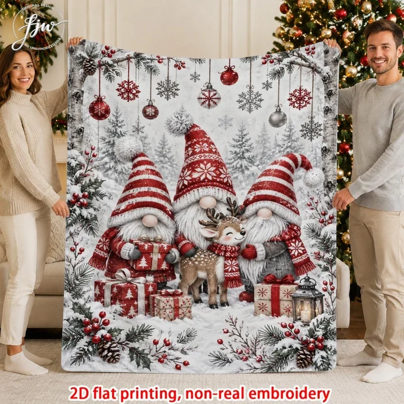 Christmas Gnome Reindeer Snowflake Gift Bauble Print,Soft Warm Decorative Blanket for Couch Bed,Winter Holiday Themed