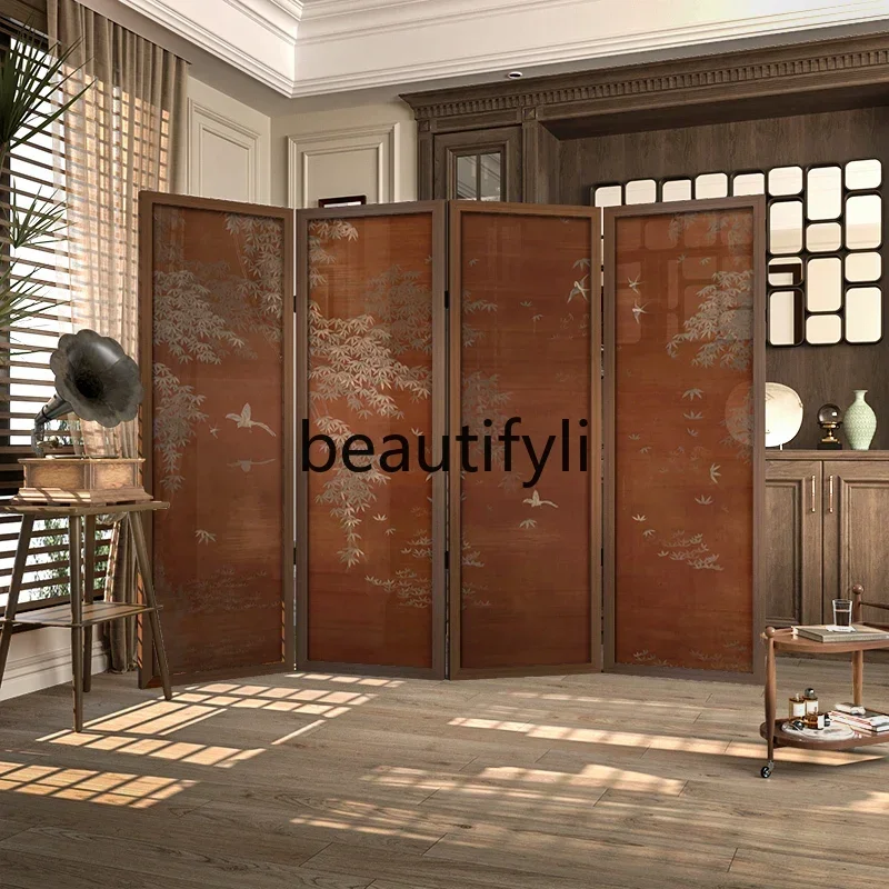 Medieval style forest bird solid wood screen partition living room sofa blocking entrance background wall home folding scr