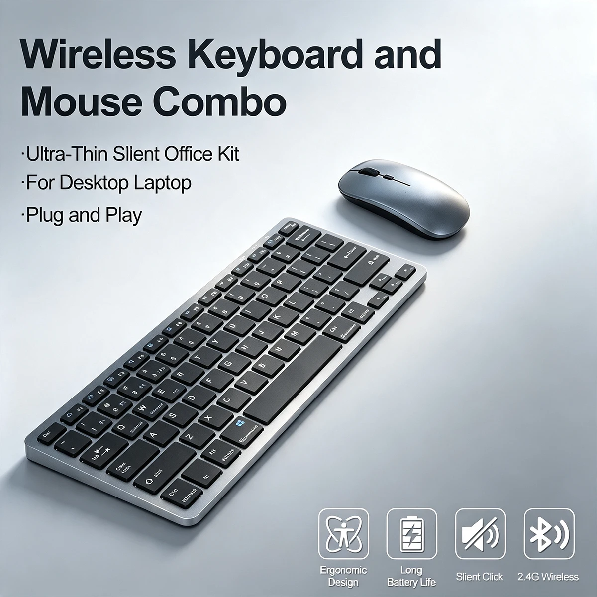 Bluetooth Keyboard Mouse Combo, 78 Keys Type-C Recharge 2.4G BT 5.0 Silent Office Set for Laptop PC iPad Tablet Windows Android
