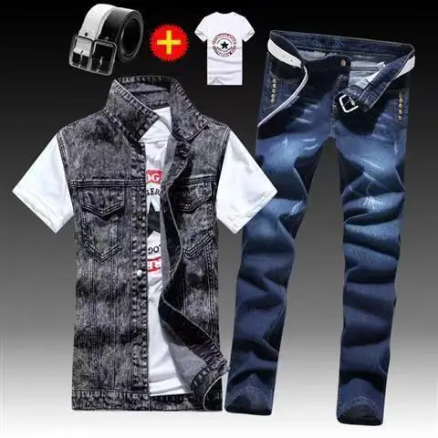 Spring Autumn Mens Thin sleeveless Denim Coat Pencil Pants T-shirts 3pcs Set Jacket Trousers Casual for Male Slim Fit