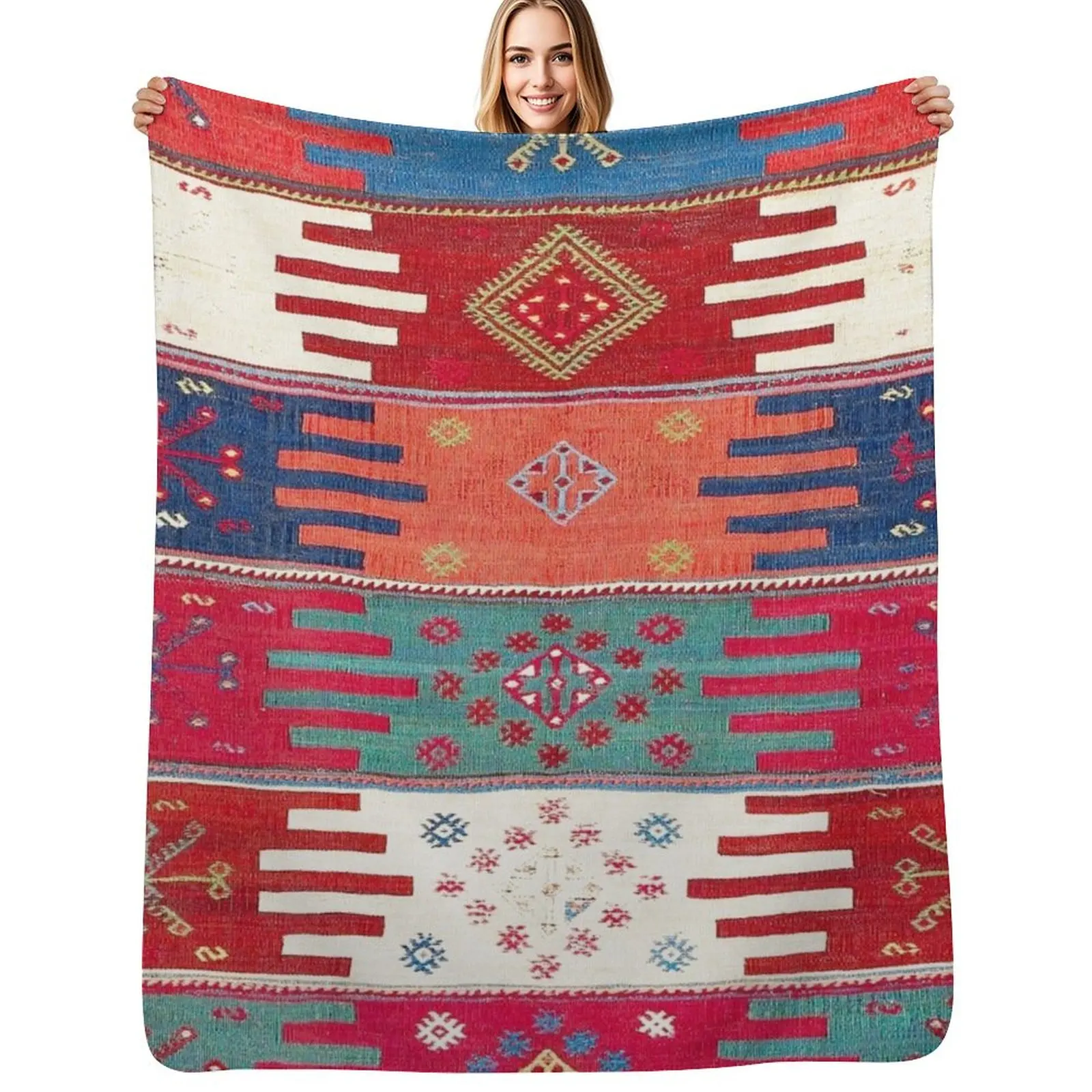 Kurdish Malatya East Anatolian Saf Kilim Print Throw Blanket Luxurious Soft Fuzzy Blanket for Sofa Bed