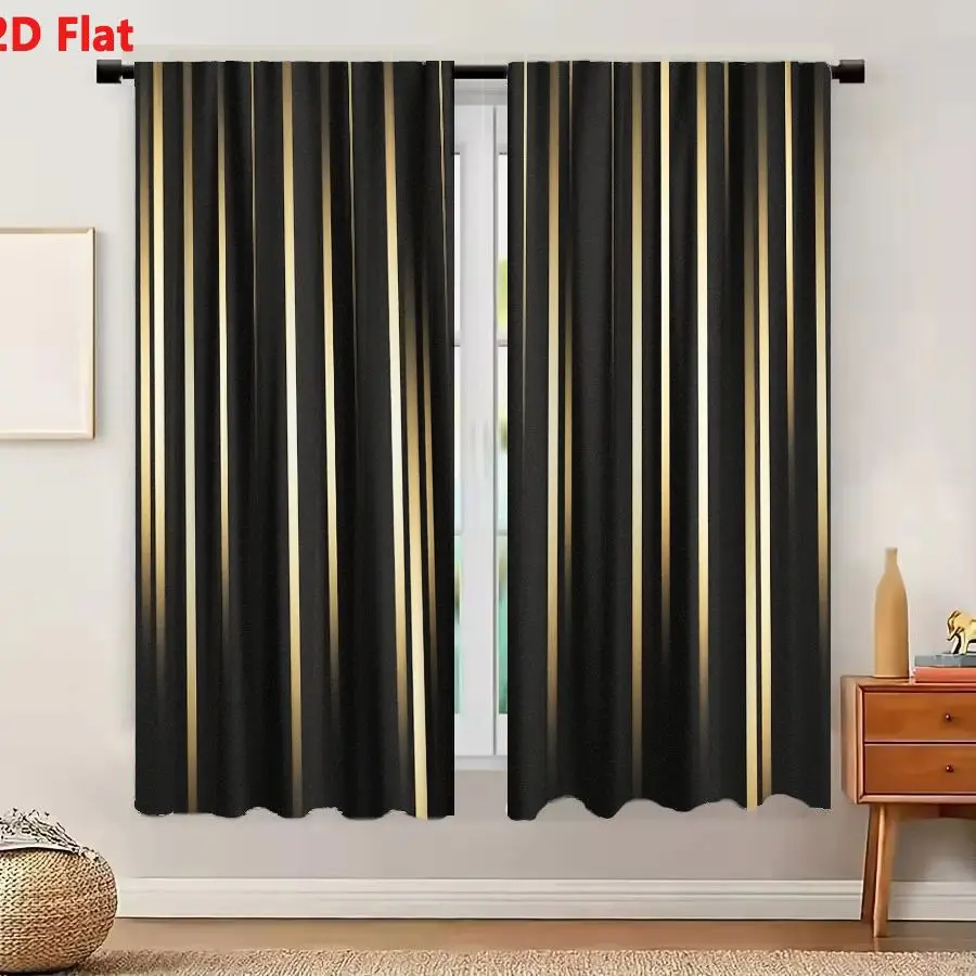 2Pcs Curtains 2D Flat Vertical Alternating Black And Gold Stripes Background With Textured Sheen Elegant Modern Luxurious Design