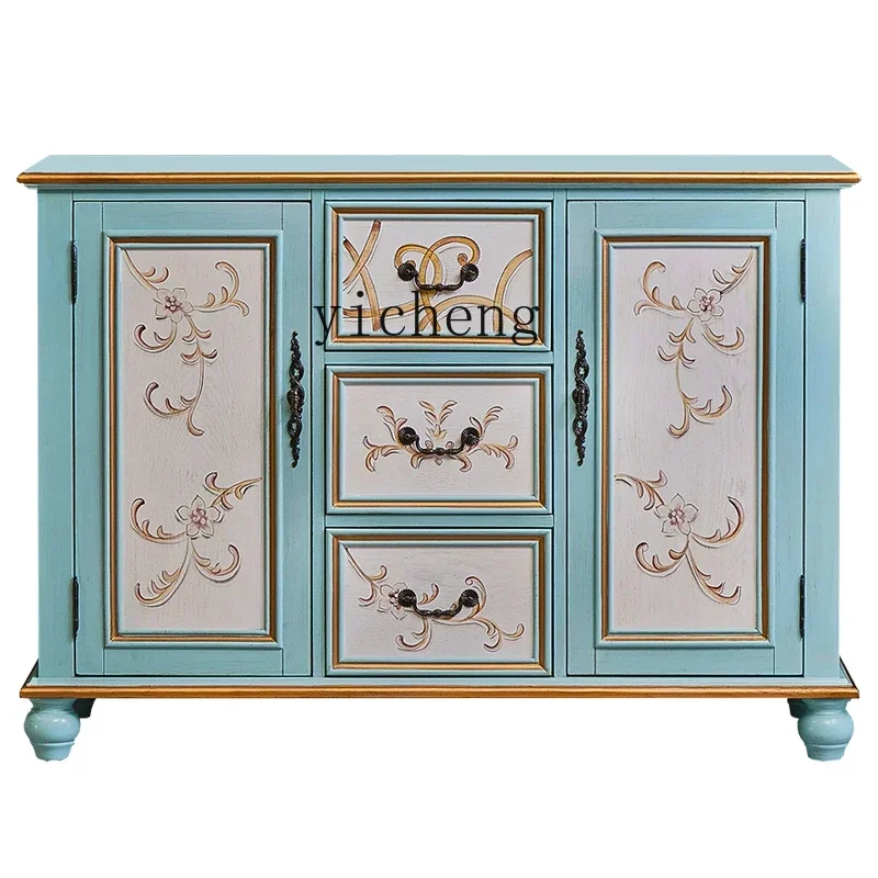

TQH Entrance Cabinet Solid Wood Retro Painted Partition Cabinet European Living Room Aisle Wall Entry Cabinet