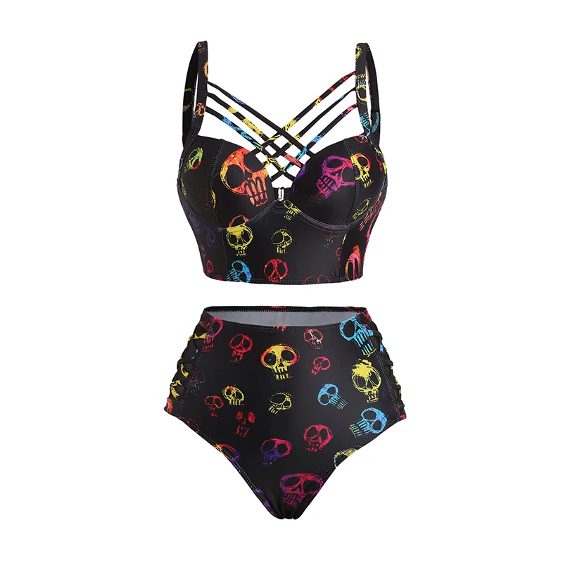 

Skull Print Bikinis Set Crisscross Beach Bikini Adjustable Spaghetti Strap Triangle Bottom Two Piece Bathing Suit