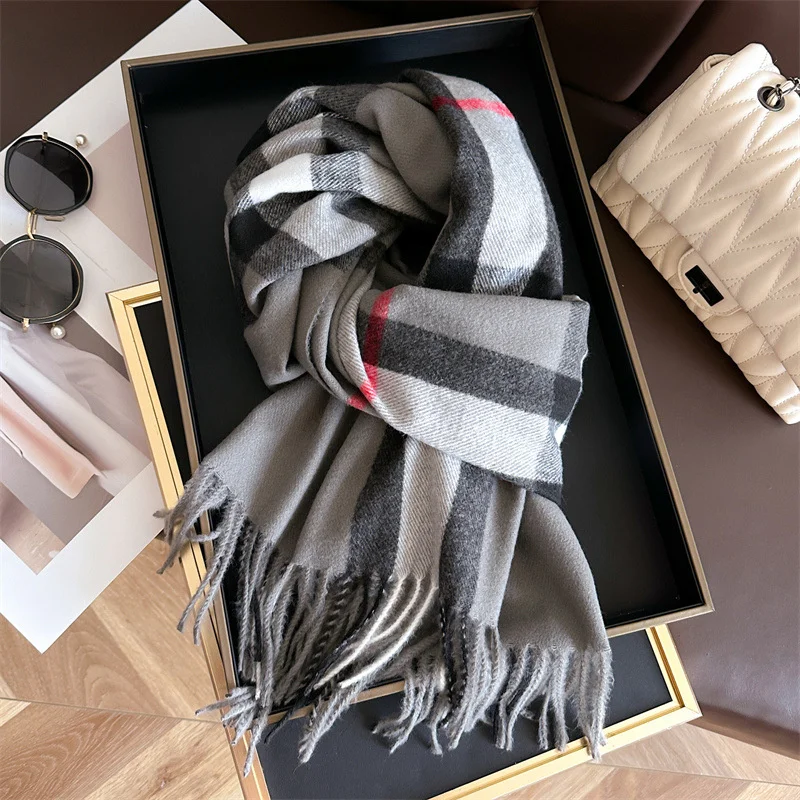 2024 New Luxury Brand Fashion Women\'s Autumn/Winter Stripe Plaid Tassel Imitation Cashmere Scarf Warm Pashmina Shawl Wholesale