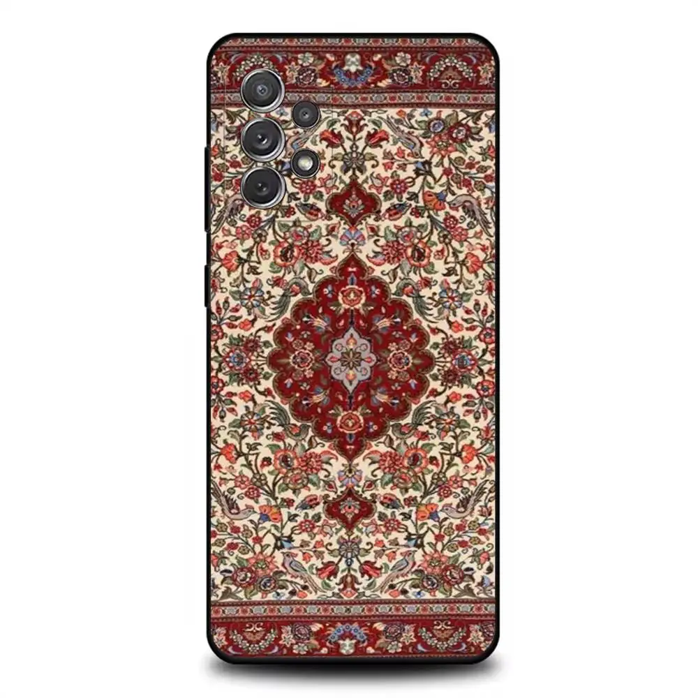 حافظة هاتف على شكل زهور على السجاد العربي الفارسي لهاتف سامسونج S 25,24,23,22,30,21,10,9,Ultra,Plus,Lite,FE,4,5G حافظة ناعمة سوداء