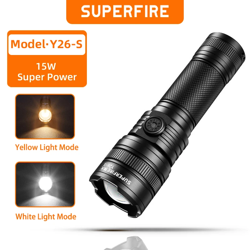 SUPERFIRE Y26-S Flashlight Yellow/White Light 15W High power led flashlight Zoom Torch 600M Portable rechargeable Type C Lantern