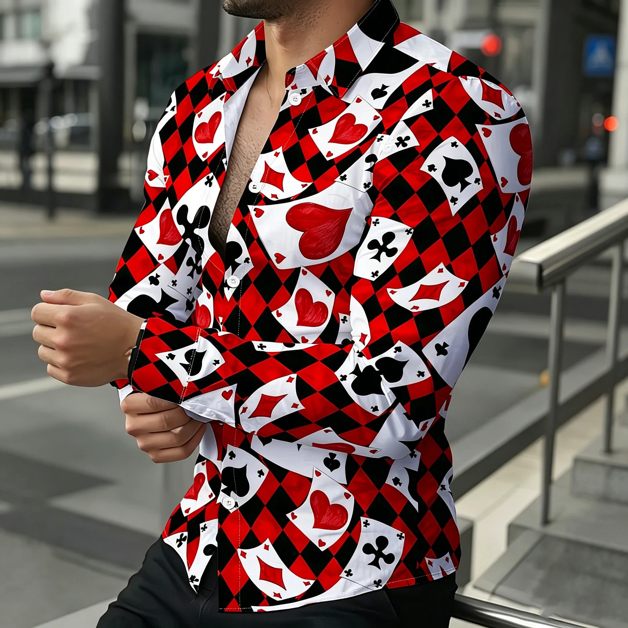 Men's Red and Black Diamond Pattern Playing Card Long-Sleeve Shirt, Card Print Party Collared Shirt
