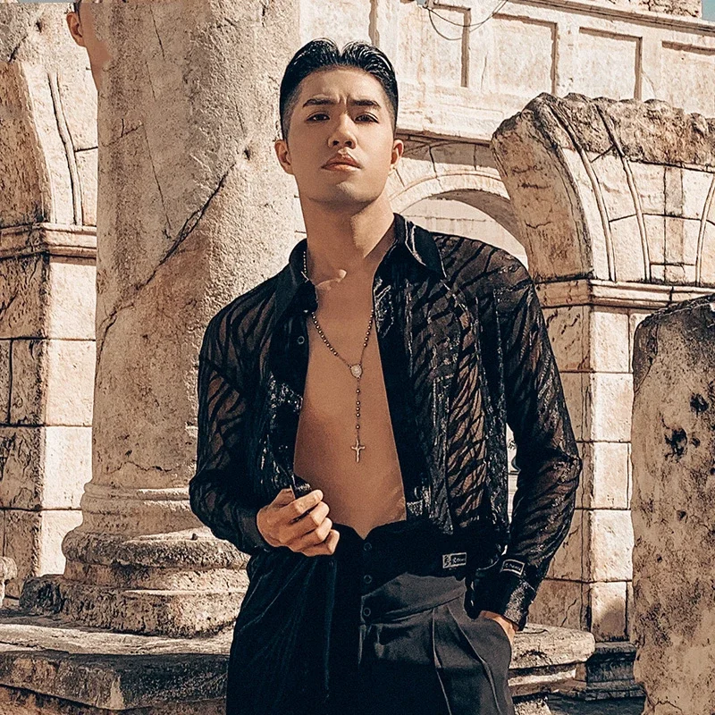 ใหม่Latin Dance TopsสําหรับชายZebraรูปแบบตาข่ายเสื้อแขนยาวชายละตินฝึกเสื้อผ้าRumab Latin Danceเสื้อผ้าDQS8610