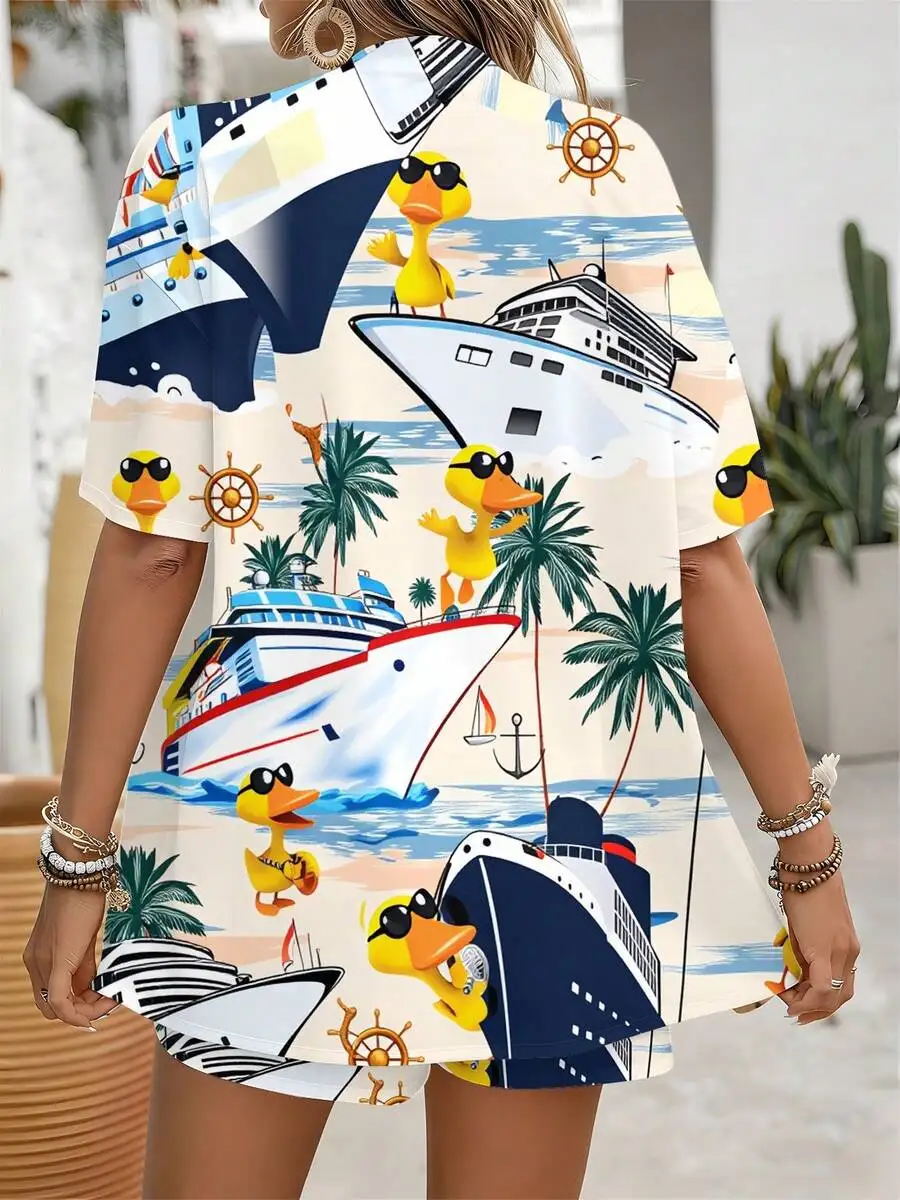 

Womens Boat And Duck Print Summer Beach Set Casual 3D Printed Shirt Shorts Soft Comfortable