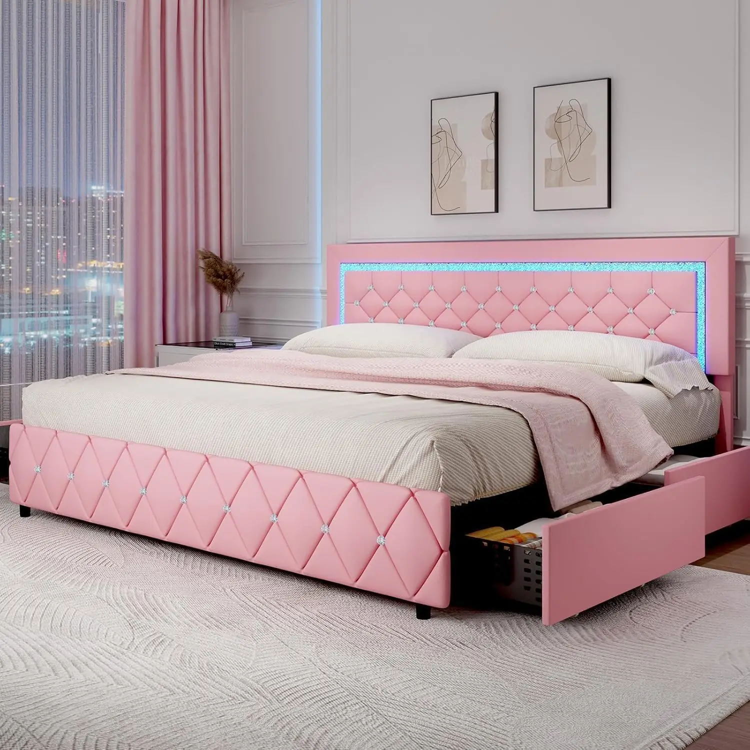 Pink King Bed Frame LED Light Diamond Tufted Headboard, Customized