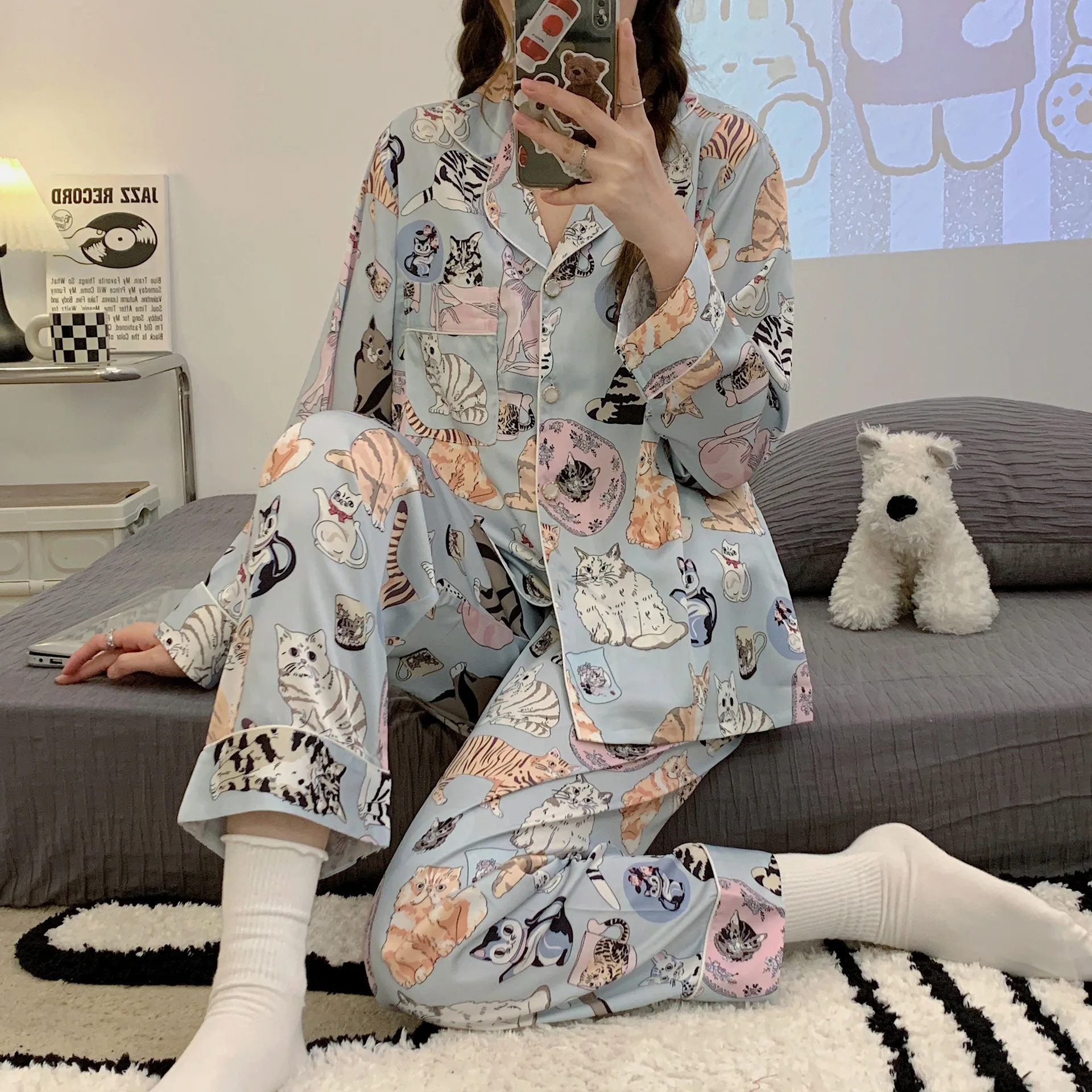 Pajamas Suit Long Sleeve Sexy V-Neck Print Tiger 2PCS Home Clothing Sleep Set With Pants Women Loungewear Sleepwear Pyjamas