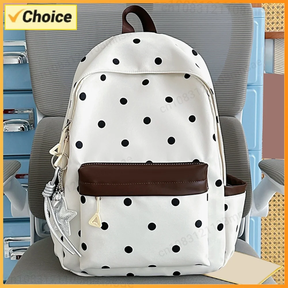 Polka Dot Aesthetic Preppy Backpack with Star Charm Travel Rucksack Travel Casual Daypack for Elementary & Middle Girl