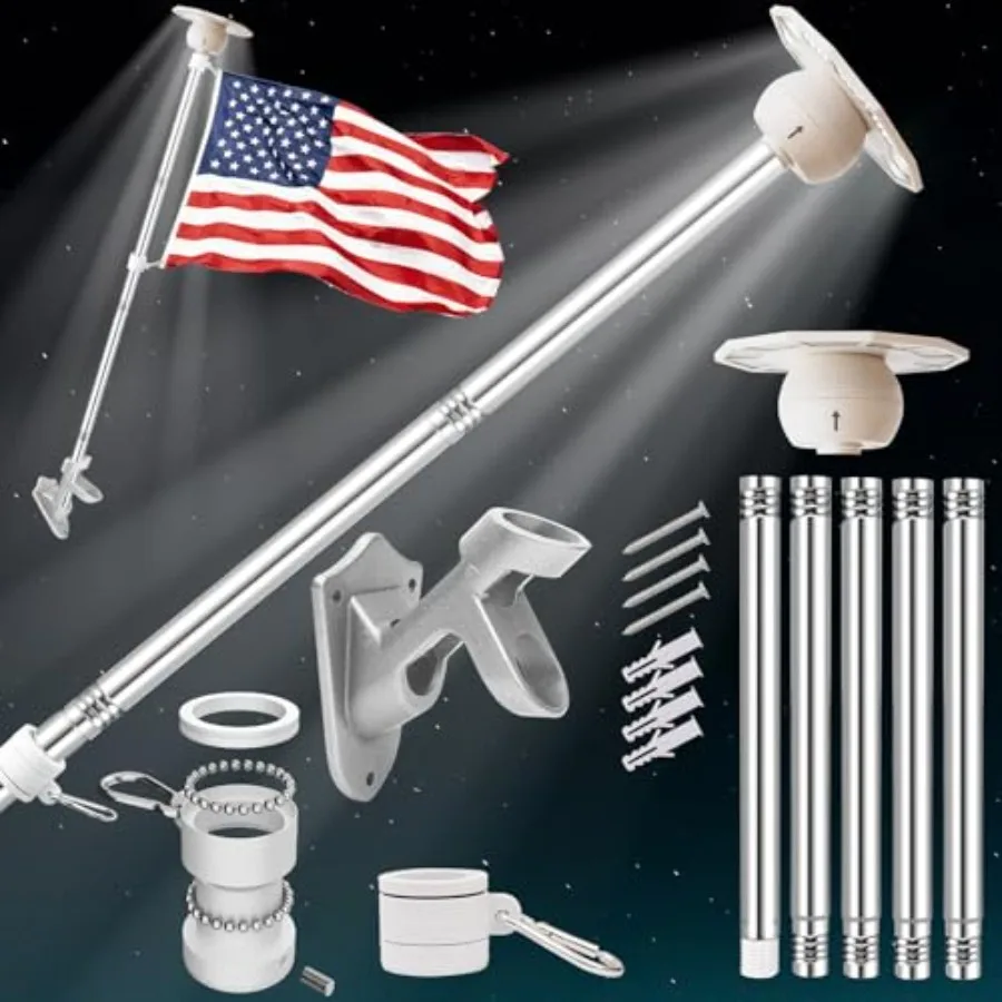 

5FT Flag Pole Kit with Solar Light and 3x5FT American Flag Stainless Steel Flagpole with 120LED Solar Light Dusk to Dawn Wall M