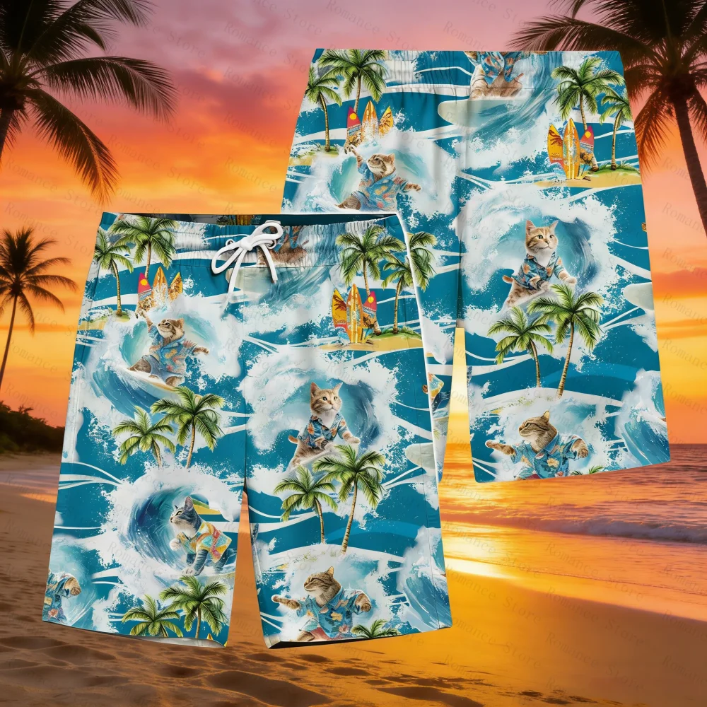 

2026 Забавные шорты с тропическим котом, занимающимся серфингом, в гавайском стиле, летние пляжные шорты, модные повседневные брюки, мужские и женские шорты