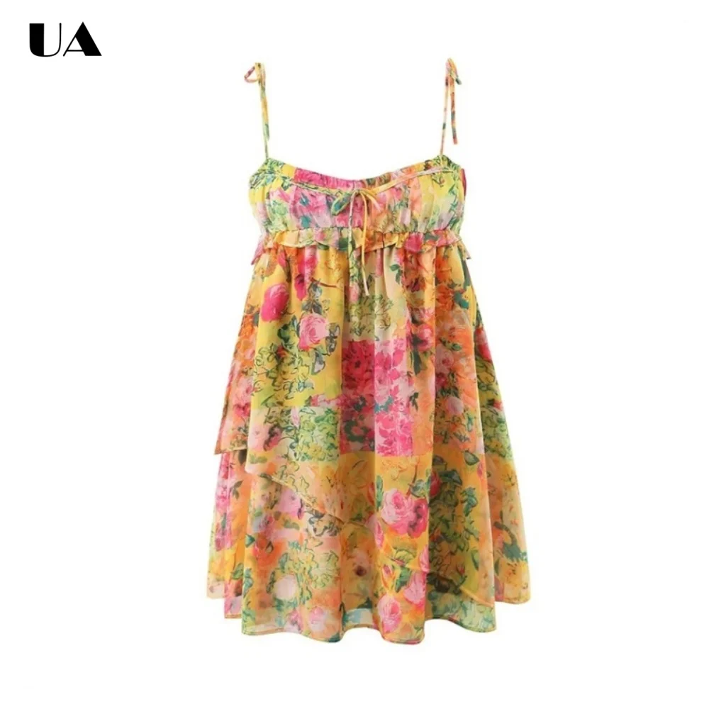 

Fashionable Printed V-neck Mini Prom Dress with Spaghetti Strap, Trendy Fit-and-flare Short Dress, Vacation Style Lace-up Dress