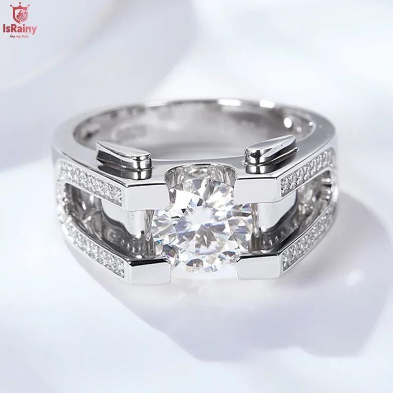 

IsRainy Round 1-2CT D Color Moissanite Rings For Men S925 Silver GRA Certified Diamond Ring Wedding Band Party Fine Jewelry Gift