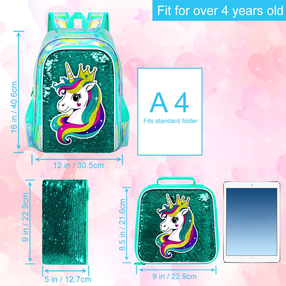 Mint Green Flip Sequins Unicorn Backpack 3-in-1 Set Girls Sparkly School Bag with Lunch Box & Pencil Case Kids Casual Daypack