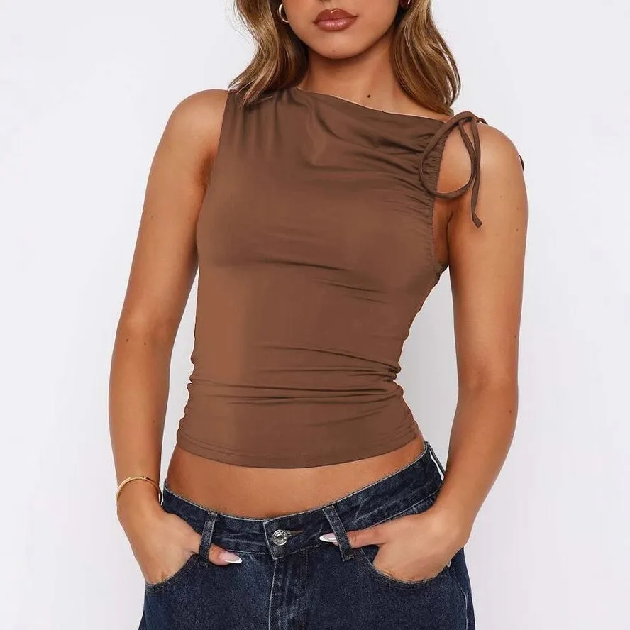 Women Y2K Women's Tanks Sleeveless Slant Neck Drawstring Tie Front Ruched Fitted Crop Top Solid Cotton Linen Casual Tank