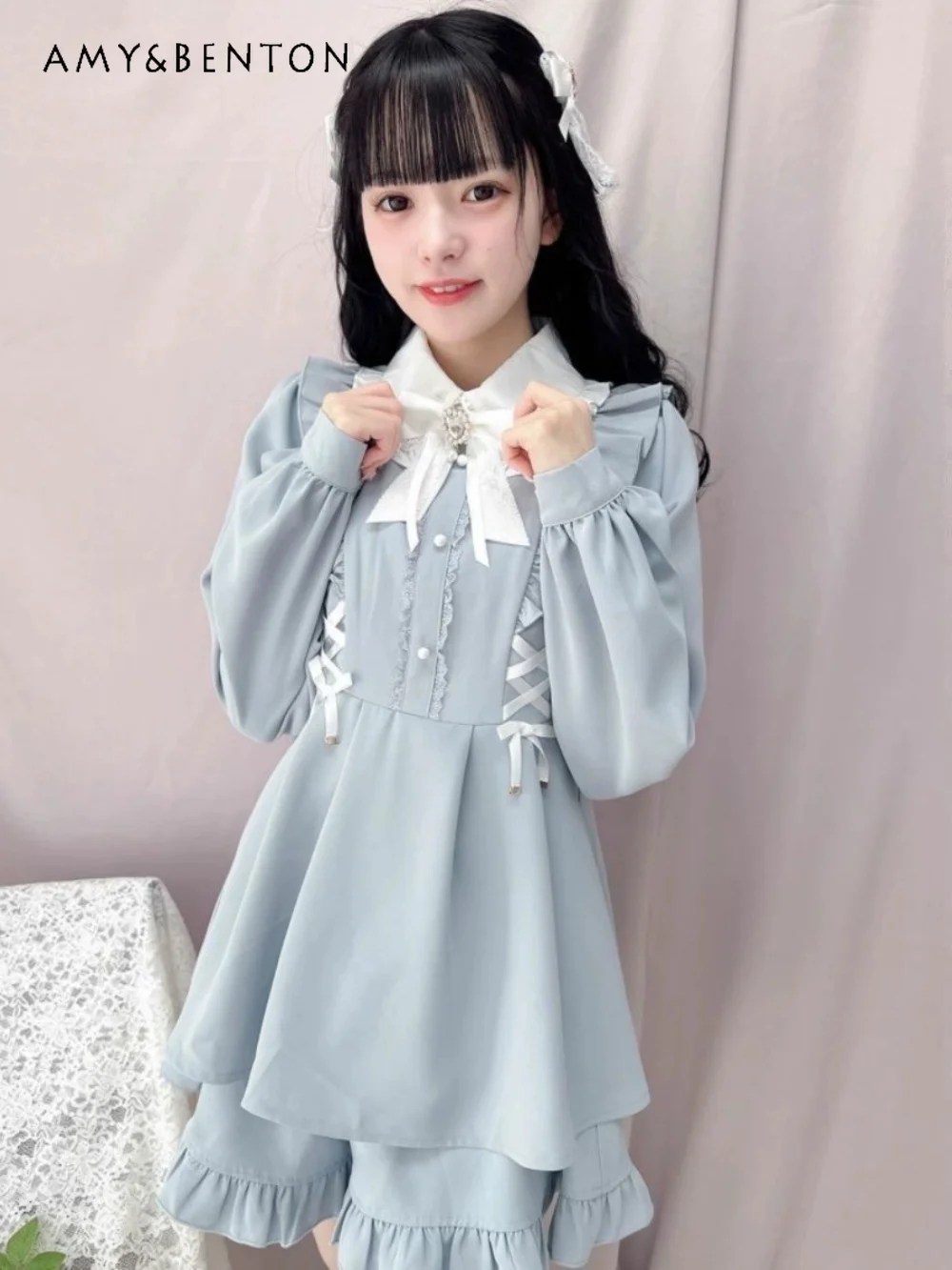 Japanese Lolita Sweet Cute Bow Doll Collar Long Sleeve Dress Wide Leg Pants Two-Piece Sets Spring Autumn Mine Mass-Produced Suit